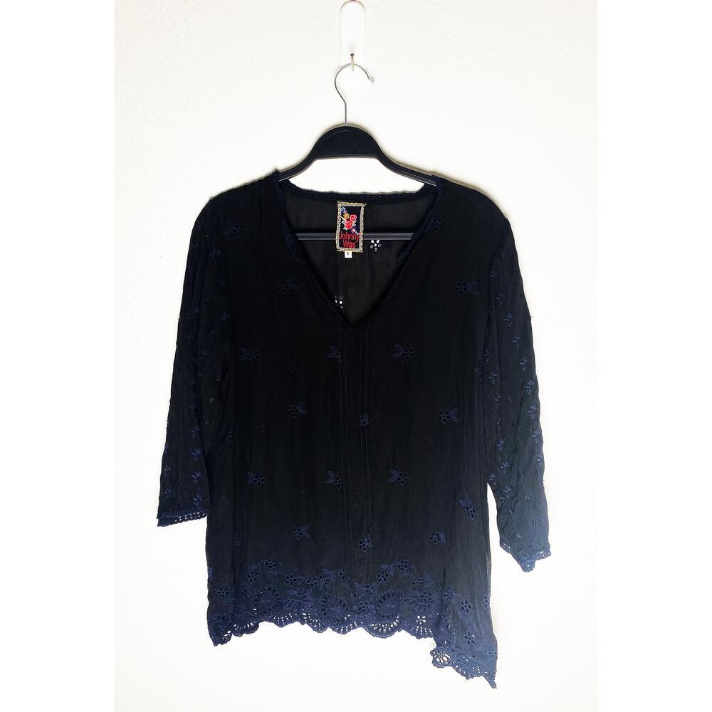 Johnny‎ Was Women's V Neck Blouse Tunic Black Navy Eyelet Bohemian Hippie Sheer